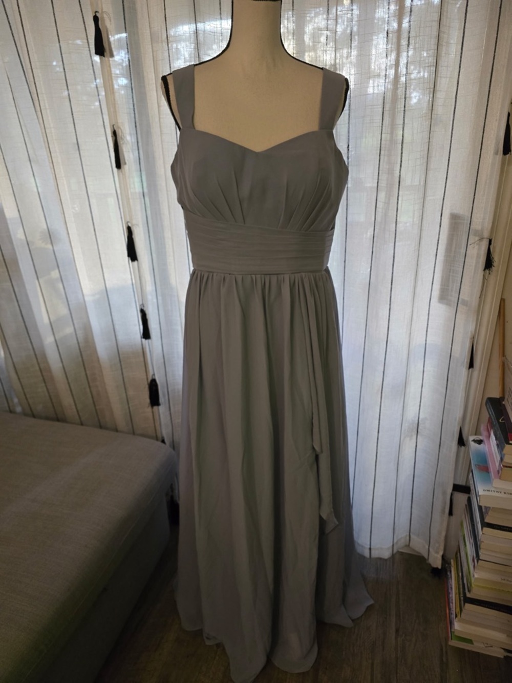 Chiffon Maxi Dress in Soft Grey with Ruched Waist